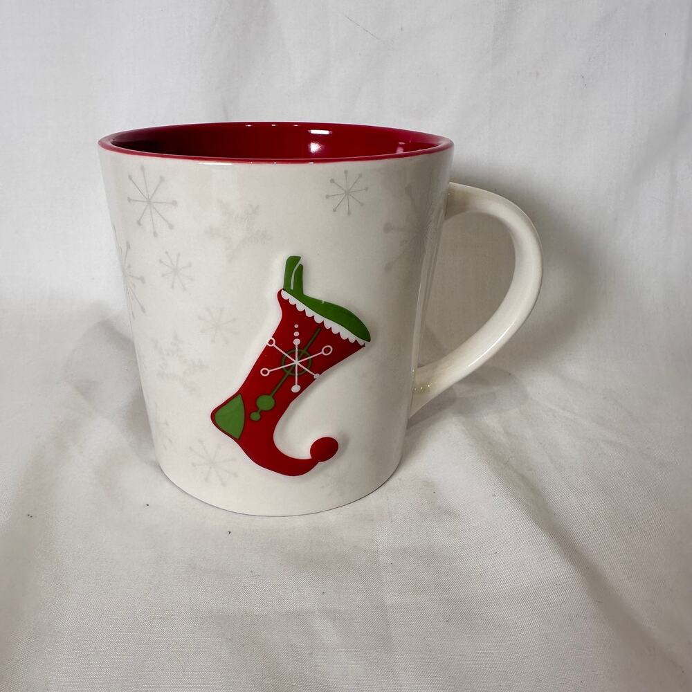Starbucks Coffee Mug Holiday 2006 White Snowflakes Red Stocking 17 oz